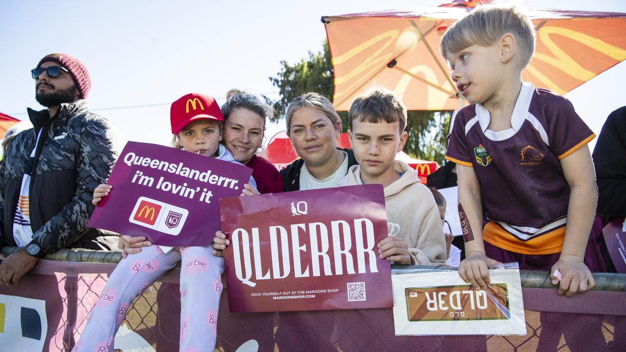 At the Queensland Maroons fan day are (from left) Caitlin Timmins, Brooke Graveson, Kiona Cubby, Kynan Wilson and Edward Cubby at Toowoomba Sports Ground, Tuesday, June 18, 2024. Picture: Kevin Farmer