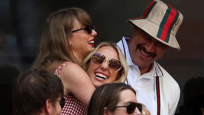 Taylor Swift hugs Brittany Mahomes. Mahomes has been reported to have signalled support for Trump on social media. Picture: Al Bello/Getty Images