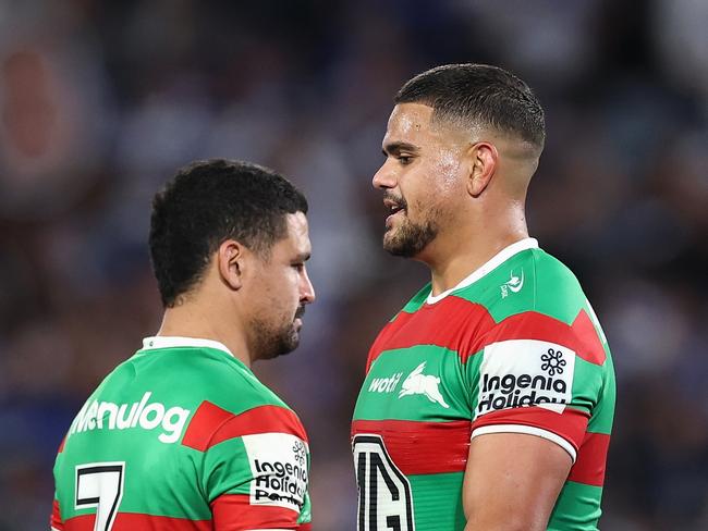 SYDNEY, AUSTRALIA - APRIL 18: Cody Walker of the Rabbitohs and Latrell Mitchell of the Rabbitohs look dejected after losing the round seven NRL match between Canterbury Bulldogs and South Sydney Rabbitohs at Accor Stadium, on April 18, 2025, in Sydney, Australia. (Photo by Cameron Spencer/Getty Images)