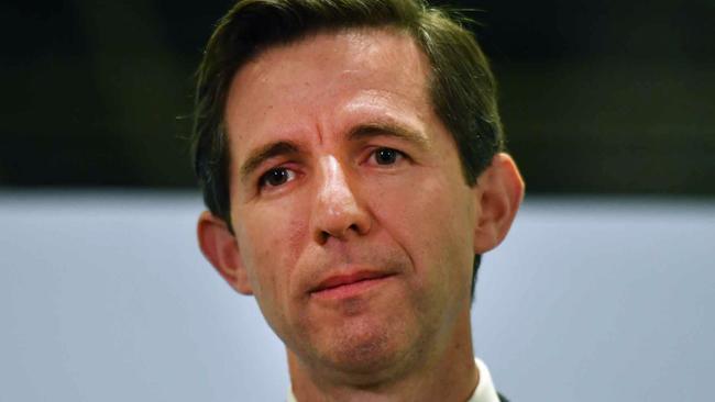 Minister for Trade Simon Birmingham speaks to journalists ahead of the 2018 ASEAN Summit in Singapore, Tuesday, November 13, 2018. (AAP Image/Mick Tsikas) NO ARCHIVING