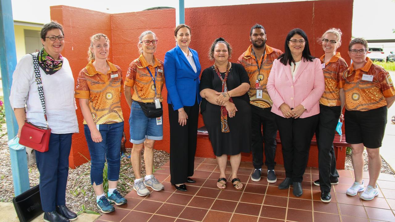 Deputy Chief Health Officer Dr Lynne McKinlay, Premier Annastacia Palaszczuk, Cherbourg Mayor Elvie Sandow, and Education Minister Grace Grace with the Mater Health team.