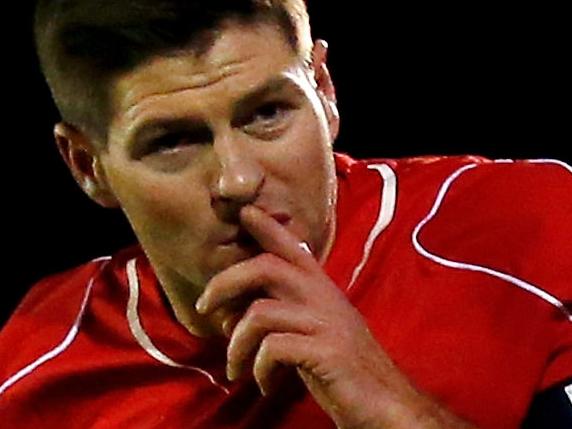 KINGSTON UPON THAMES, ENGLAND - JANUARY 05: Steven Gerrard of Liverpool celebrates after scoring the opening goal with a header during the FA Cup Third Round match between AFC Wimbledon and Liverpool at The Cherry Red Records Stadium on January 5, 2015 in Kingston upon Thames, England. (Photo by Julian Finney/Getty Images)