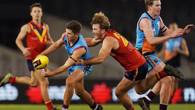 Connor Budarick (with ball) playing for the Allies during the AFL Under 18 Championships earlier this month. Picture: Getty Images