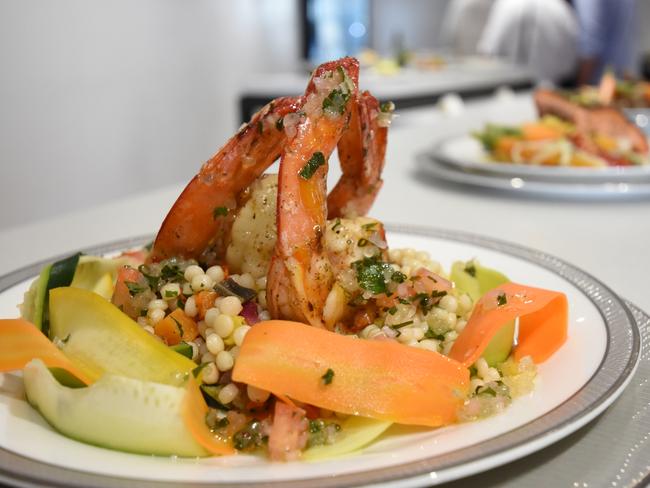 The oven flashed lemon myrtle rubbed prawns dish for first class passengers for Singapore Airlines’ new 50th Anniversary menu. Picture: Simon Tsang