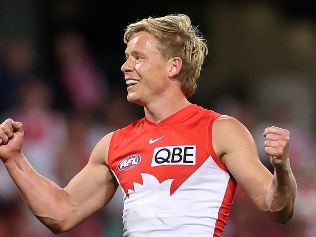 SYDNEY, AUSTRALIA - SEPTEMBER 20: Isaac Heeney of the Swans celebrates kicking a goal during the AFL Preliminary Final match between Sydney Swans and Port Adelaide Power at Sydney Cricket Ground, on September 20, 2024, in Sydney, Australia. (Photo by Cameron Spencer/Getty Images)