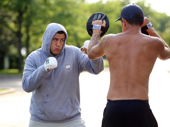 A day in the life of heavyweight UFC fighter Tai Tuivasa before he fights in UFC 225 on the weekend in Chicago, USA. Tai training in the car park of his hotel 90mins out of town. Picture: Sam Ruttyn