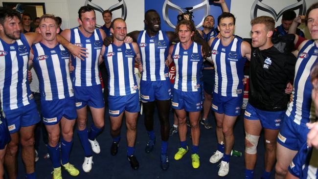 North Melbourne belt out the club song. Picture: Michael Klein