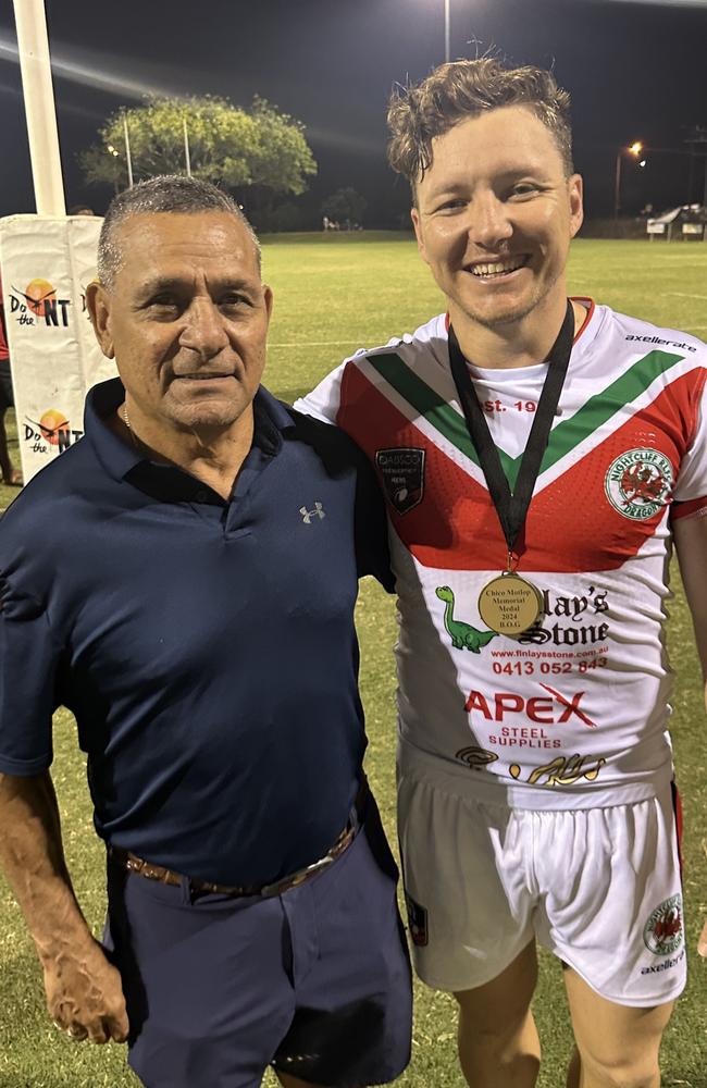 Nightcliff Dragons' Robbie Butcher, with Mark Motlop, after being named best on ground in the Chico Motlop Shield in Round 7 of the NRL NT season.