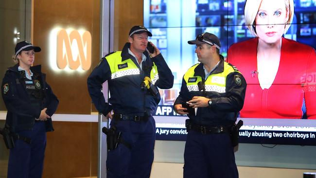 Police outside the ABC’s Sydney headquarters as the AFP conducts a raid. Picture: John Feder