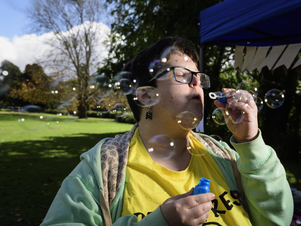 Amari Munro with bubbles at the sensory corner of Toowoomba's World Environment Day celebrations at Lake Annand Park, Sunday, June 1, 2025. Picture: Kevin Farmer