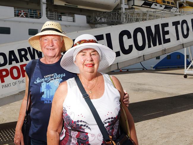 German tourists Walter Richter and Lydia Jendryssek leave the cruise ship AIDAvita at Darwin Port when it docked here previously in December 2018. Picture: Keri Megelus