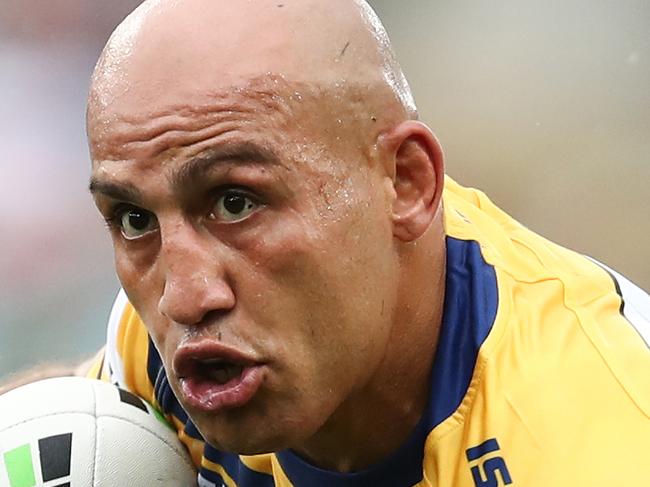 Blake Ferguson of the Eels runs the ball during the Round 2 NRL match between the Canterbury Bulldogs and the Parramatta Eels at ANZ Stadium, Sydney, Sunday, March 24, 2019. (AAP Image/Brendon Thorne) NO ARCHIVING, EDITORIAL USE ONLY