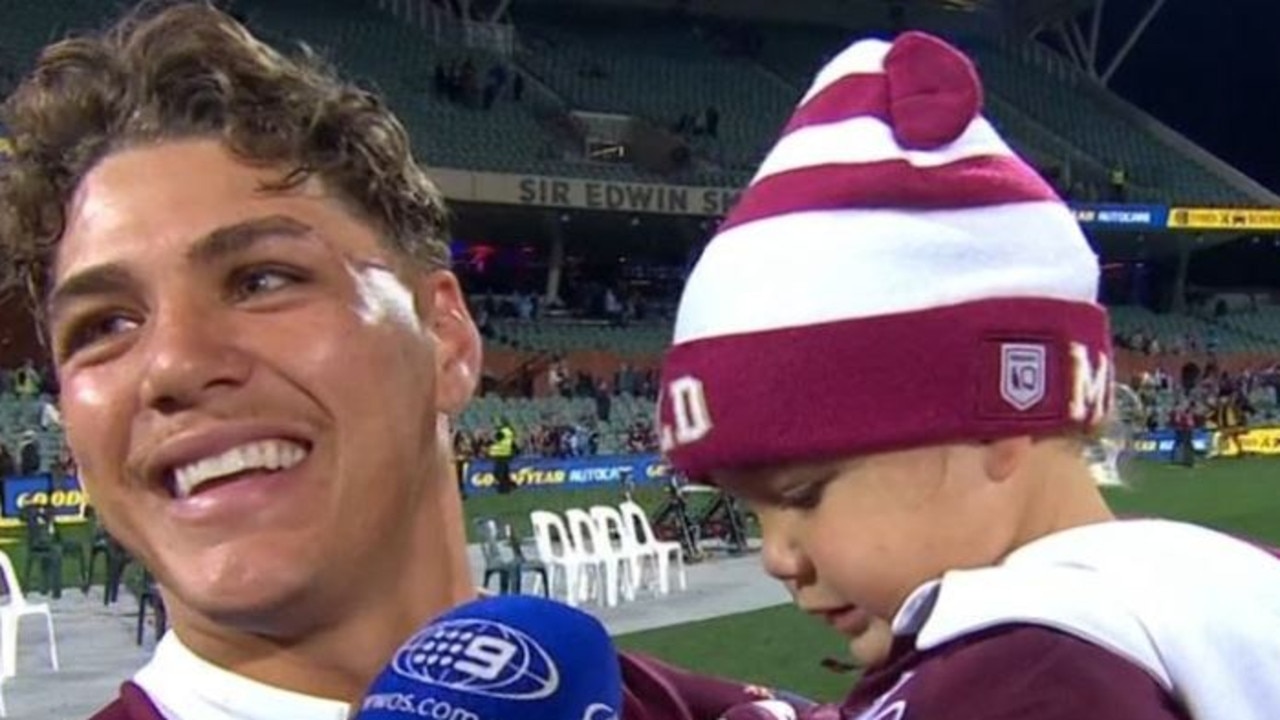 Reece Walsh and daughter Leila after the Origin 1 win.
