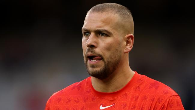 PERTH, AUSTRALIA - JULY 16: Lance Franklin of the Swans looks on warms up before the round 18 AFL match between the Fremantle Dockers and the Sydney Swans at Optus Stadium on July 16, 2022 in Perth, Australia. (Photo by Paul Kane/Getty Images)