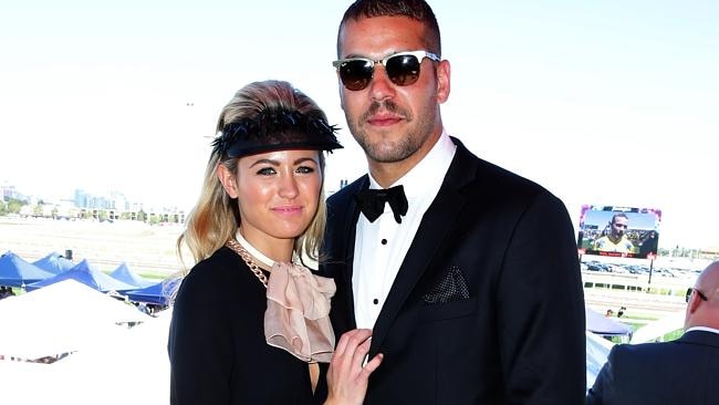Jesinta Campbell and Buddy Franklin at the 2013 AAMI Victoria Derby Day at Flemington Racecourse in Melbourne.