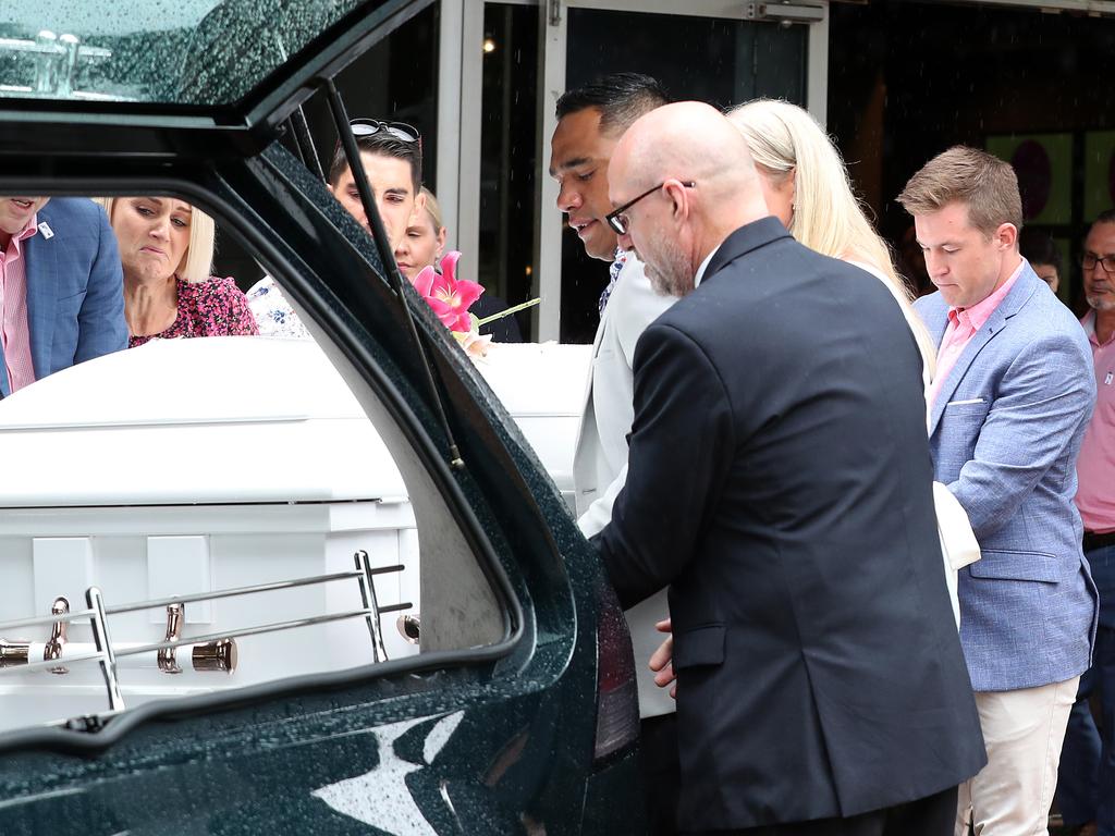 Pallbearers at the funeral for Hannah Clarke and her three children, Aaliyah, Laianah and Trey, in Brisbane. Picture: Liam Kidston