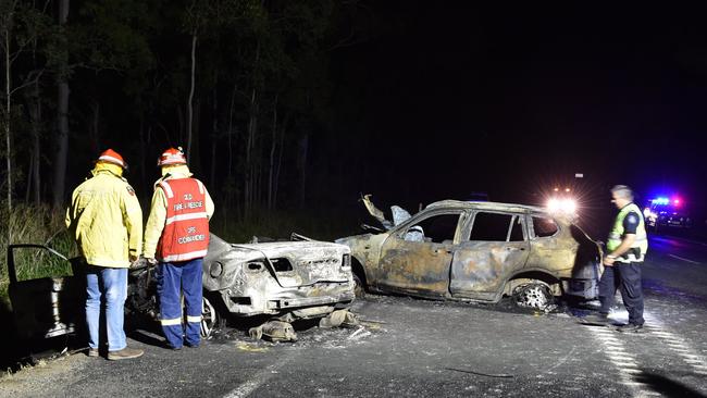 Crash investigators at the scene of a double fatality on the Bruce Highway north of Tiaro on April 17, 2017. Picture: Alistair Brightman