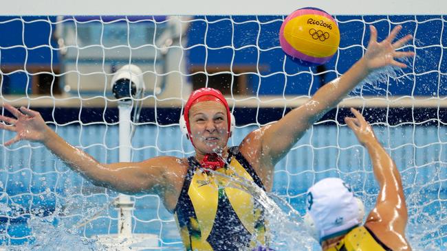 Australian goalie Lea Yanitsas working overtime against Hungary.