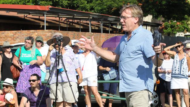 Crowd pictured during a protest against the filling of Black Swan Lake at Bundall. Cr Peter Young speaks to supporters. Picture Mike Batterham.