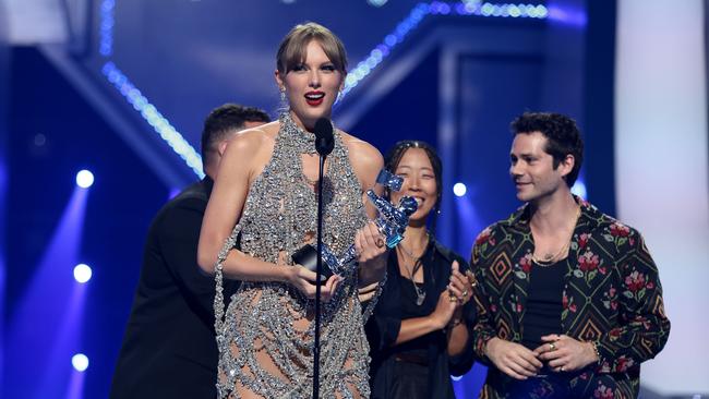 Taylor Swift accepts the award for Best Long Form Video at the VMAs. Picture: Getty Images