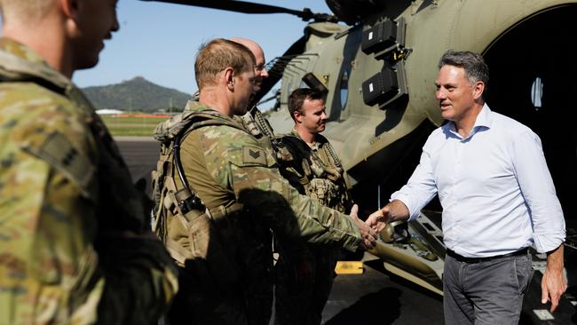 Deputy Prime Minister and Defence Minister Richard Marles and Minister for Defence Industry Patrick Conroy at RAAF Base Townsville where they inspected a CH-47 Chinook.