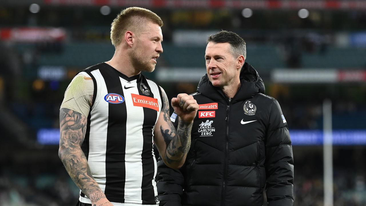 De Goey and Collingwood coach Craig McRae. Picture: Quinn Rooney/Getty Images