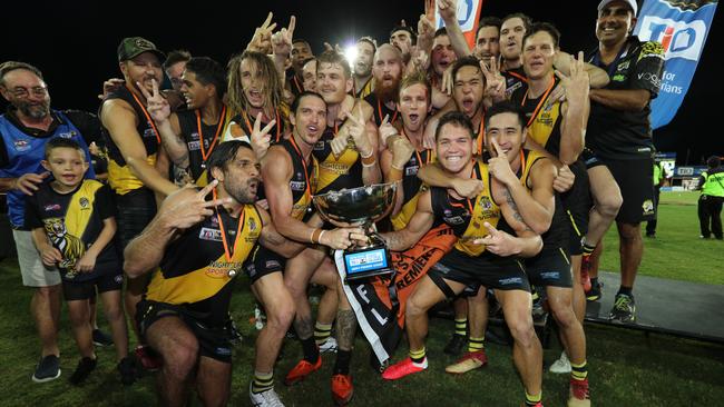 The Nightcliff Tigers celebrate their first back-to-back league premierships in 2019-20. Picture: GLENN CAMPBELL