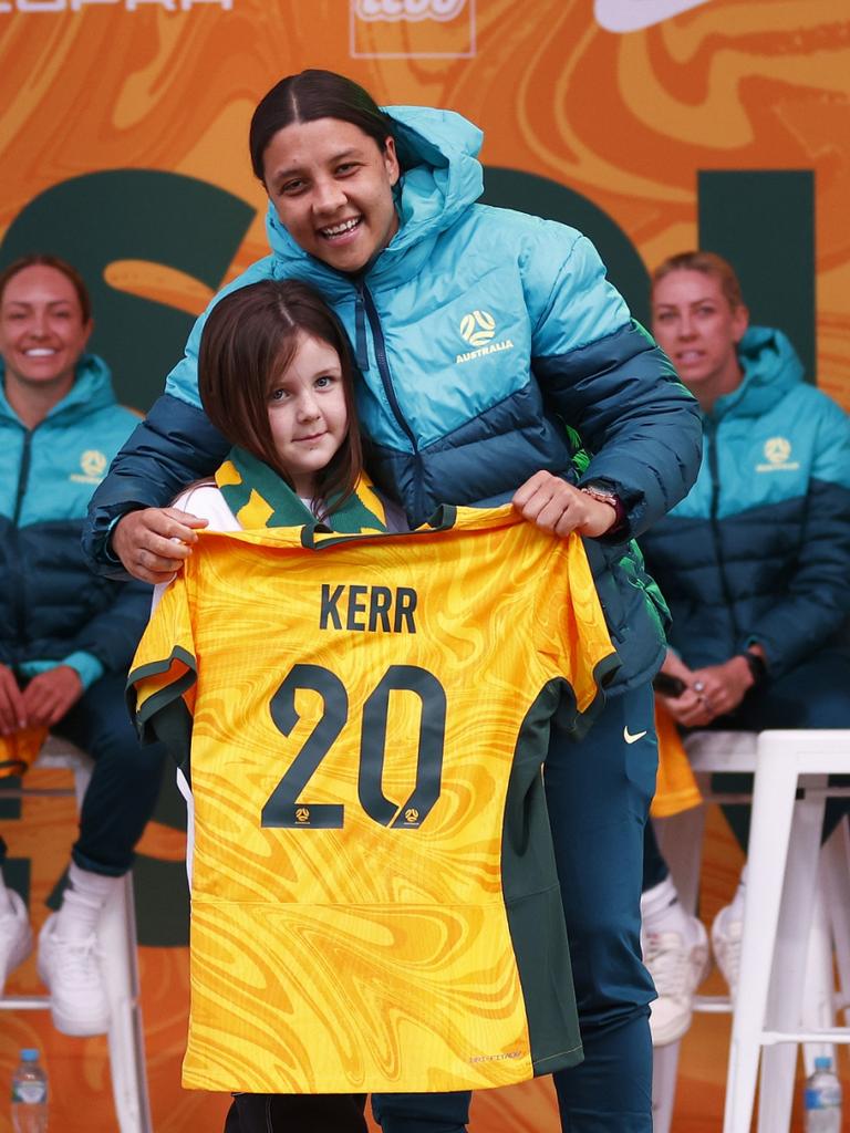 The team were presented with their jerseys by young footballers all named Matilda. (Photo by Daniel Pockett/Getty Images)