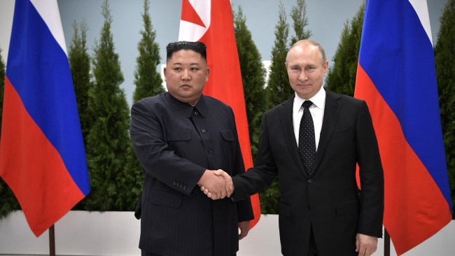 North Korean leader Kim Jong Un is believed to be on the move to Russia to hold weapons talks with President Vladimir Putin. Picture: Kremlin / Handout/Anadolu Agency/Getty Images