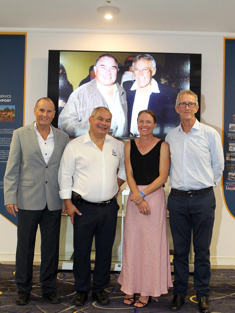 Southport SLSC 100th birthday celebrations. (L-R) Club president Greg Foster, Mayor Tom Tate, Julia Allison (curator) and president SL Qld Gerard OÃ&#149;Brien in front of George Suttle life member and Roger Griffiths (club patron) both passed away this year. 19 October 2024 Main Beach Picture by Richard Gosling