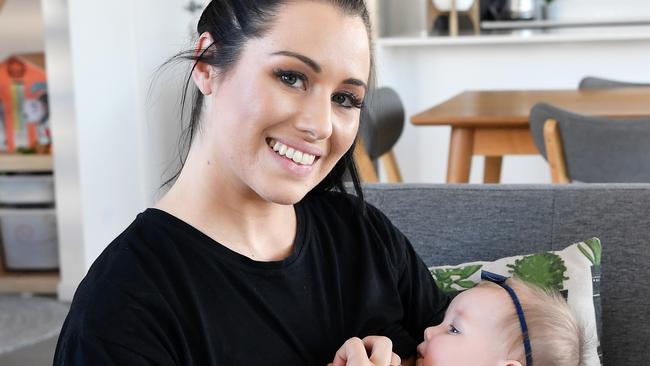 Lust Minerals founder Stacey Hollands in 2019 with her youngest child Sophia, then aged seven months. Picture: Patrick Woods