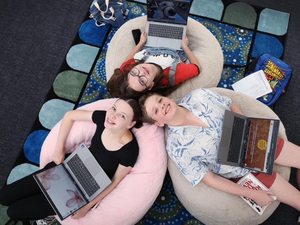 Year 9 students Audrey 13, Alex 14 and Bernie are among 80 students studying at Saints College Fitzroy North. Picture: David Caird