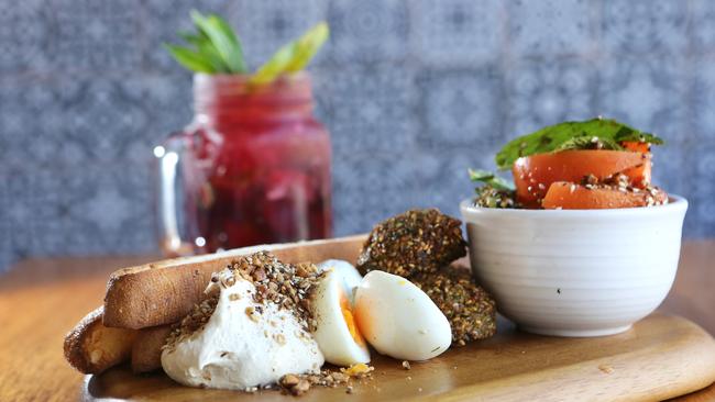 Pomegranate mocktail and Dad's favourite brekky at Kepos St Kitchen in Redfern. Picture: Bob Barker.