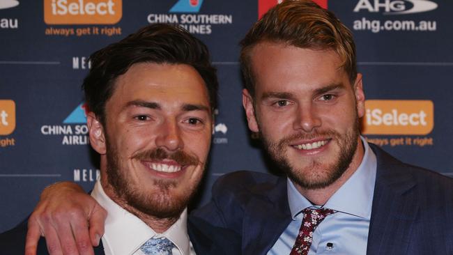 Michael Hibberd with Jack Watts at the ‘Bluey’ Truscott Trophy. Picture: Getty Images