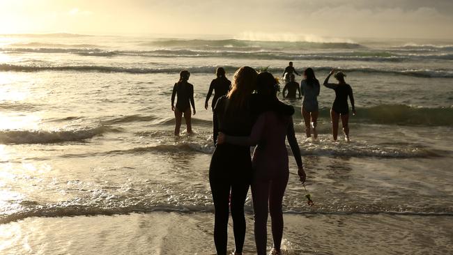 GOLD COAST, AUSTRALIA - JULY 11: Surfers paddle out in memory of Alex 'Chumpy' Pullin on July 11, 2020 in Gold Coast, Australia. Australian Winter Olympic Games Snowboarder Alex 'Chumpy' Pullin died on Wednesday 8 July in a drowning accident while spearfishing at Palm Beach on the Gold Coast, aged 32. (Photo by Chris Hyde/Getty Images)