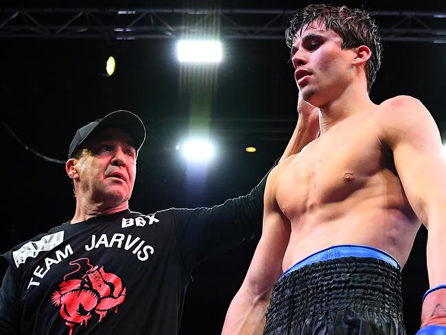 BENDIGO, AUSTRALIA - AUGUST 31: Brock Jarvis is hugged by his trainer Jeff Fenech after beating Ernesto Sailing during their super bantamweight before the Australian Middleweight bout between Jeff Horn and Michael Zerafa at Bendigo Stadium on August 31, 2019 in Bendigo, Australia. (Photo by Quinn Rooney/Getty Images)