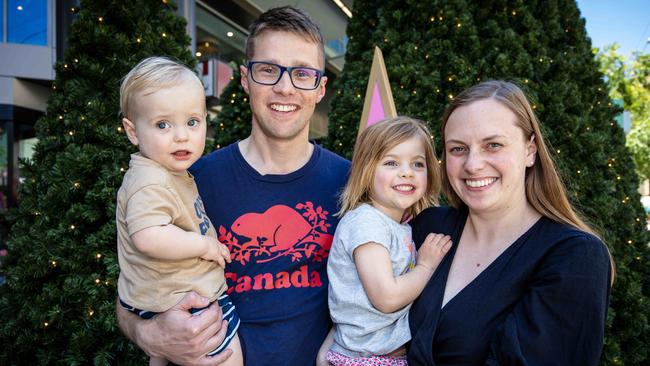 Dean and Elise Apolloni with Leon, 1 and Nora, 3 at the Myer Centre. Picture: Emma Brasier