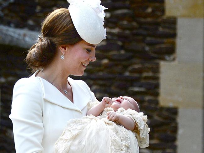 Catherine, Duchess of Cambridge and Princess Charlotte, whose name was not made public for two days. Picture: Mary Turner — WPA Pool/Getty Images.