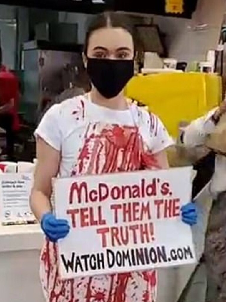 She told diners Macca’s was lying to them about the conditions its meat sources were kept in. Picture: TikTok / Vganbooty