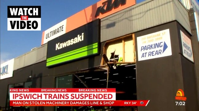 Train line suspended after front-end loader chase (Sunrise)