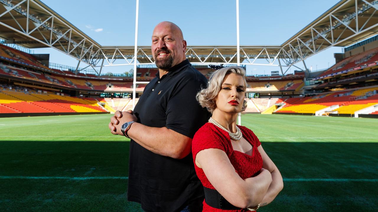 Wrestlers Paul Wight and Toni Storm Suncorp Stadium in Brisbane to promote the AEW event in February. (Image/Josh Woning)