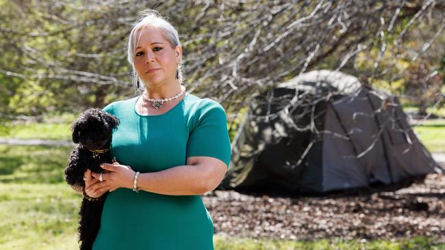 Kerry Rosse is homeless and lives in a tent in a park in the Inner West. She makes and sells jewellery to support herself and a little dog. Picture: David Swift
