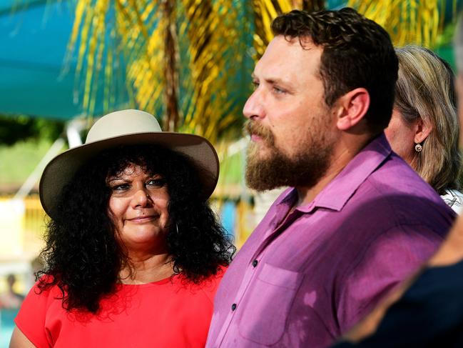 NT Labor Senator Malarndirri McCarthy listens Palmerston Deputy Mayor Mick Spick during a 5 million dollar revamp announcement to the decade old pool in Palmerston on Tuesday morning.Picture: Justin Kennedy