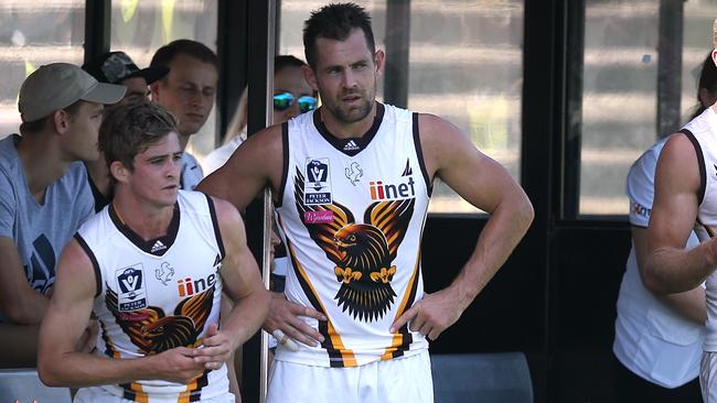 Luke Hodge on the bench for Box Hill. Picture: Wayne Ludbey