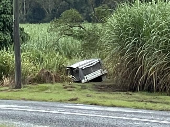 A car has gone into a ditch by Mackay Eungella Rd after a two vehicle crash on Monday March 25, 2024. Photo: Fergus Gregg