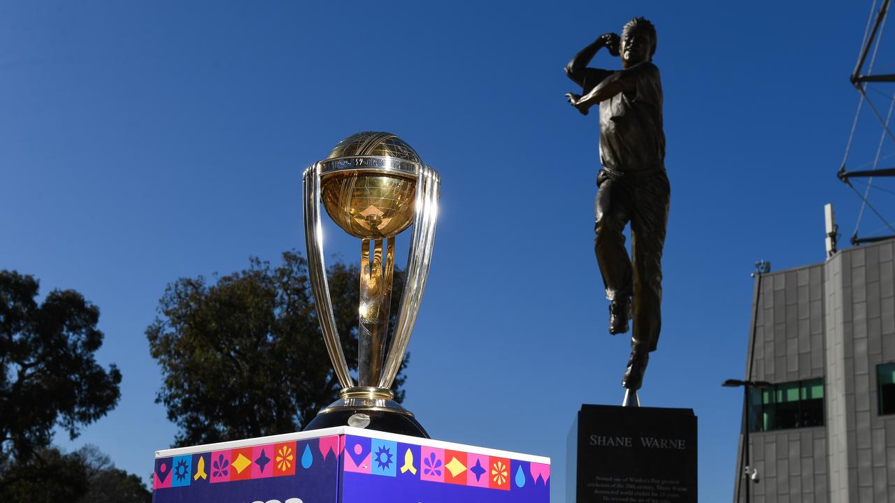 Warnie’s statue overlooking the trophy. Photo by Morgan Hancock/Getty Images for Cricket Australia