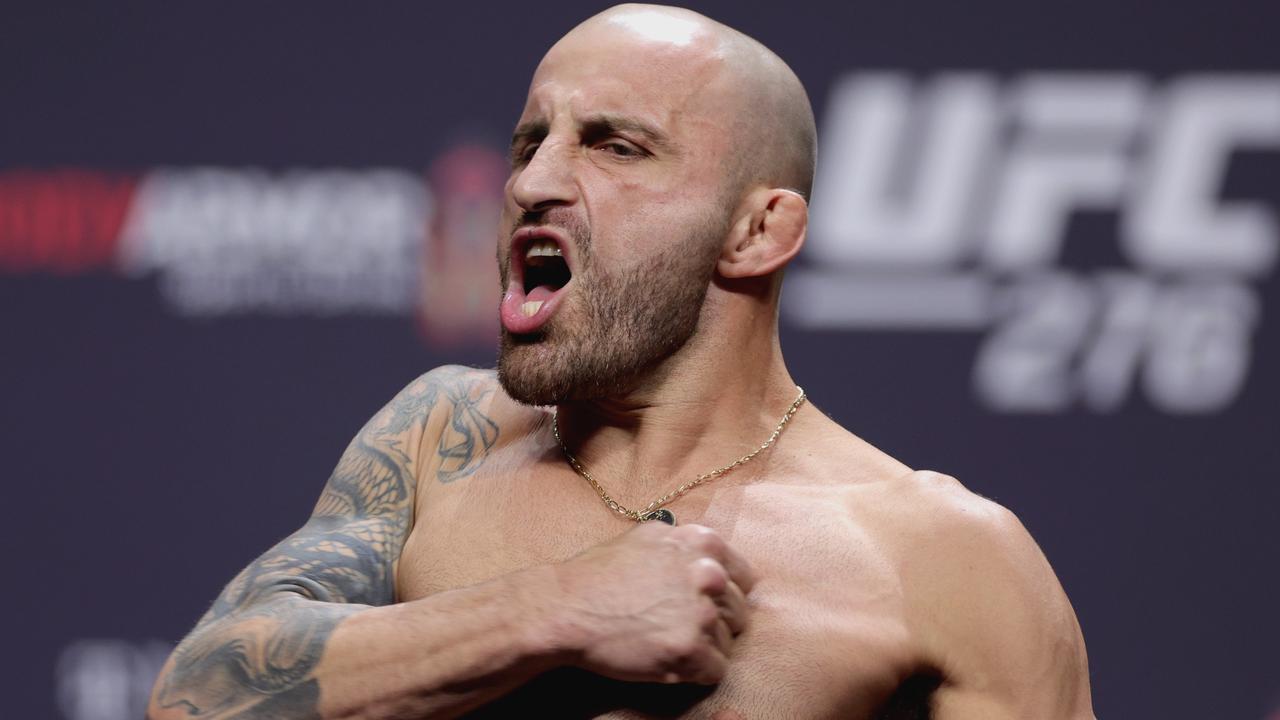 LAS VEGAS, NEVADA - JULY 01: Alexander Volkanovski of Australia poses on the stage during the UFC 276 ceremonial weigh-in at T-Mobile Arena on July 01, 2022 in Las Vegas, Nevada. Carmen Mandato/Getty Images/AFP == FOR NEWSPAPERS, INTERNET, TELCOS &amp; TELEVISION USE ONLY ==