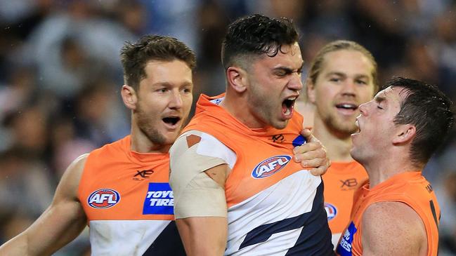 Tim Taranto celebrates a goal during GWS Giants’ preliminary final win. Picture: Mark Stewart.