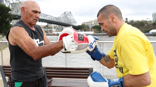 Anthony Mundine training in Brisbane with his father Tony. Picture: Peter Wallis