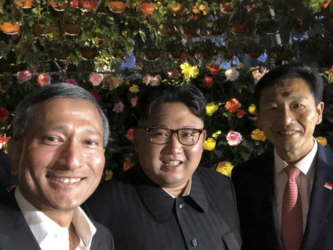 Singapore Foreign Minister Vivian Balakrishnan gets a selfie with Kim Jong-un. Picture: AFP/Twitter